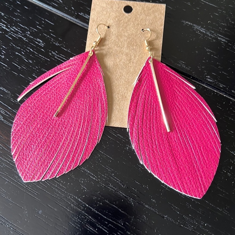 Hot pink Faux Leather fringe/Feather earrings-NWT